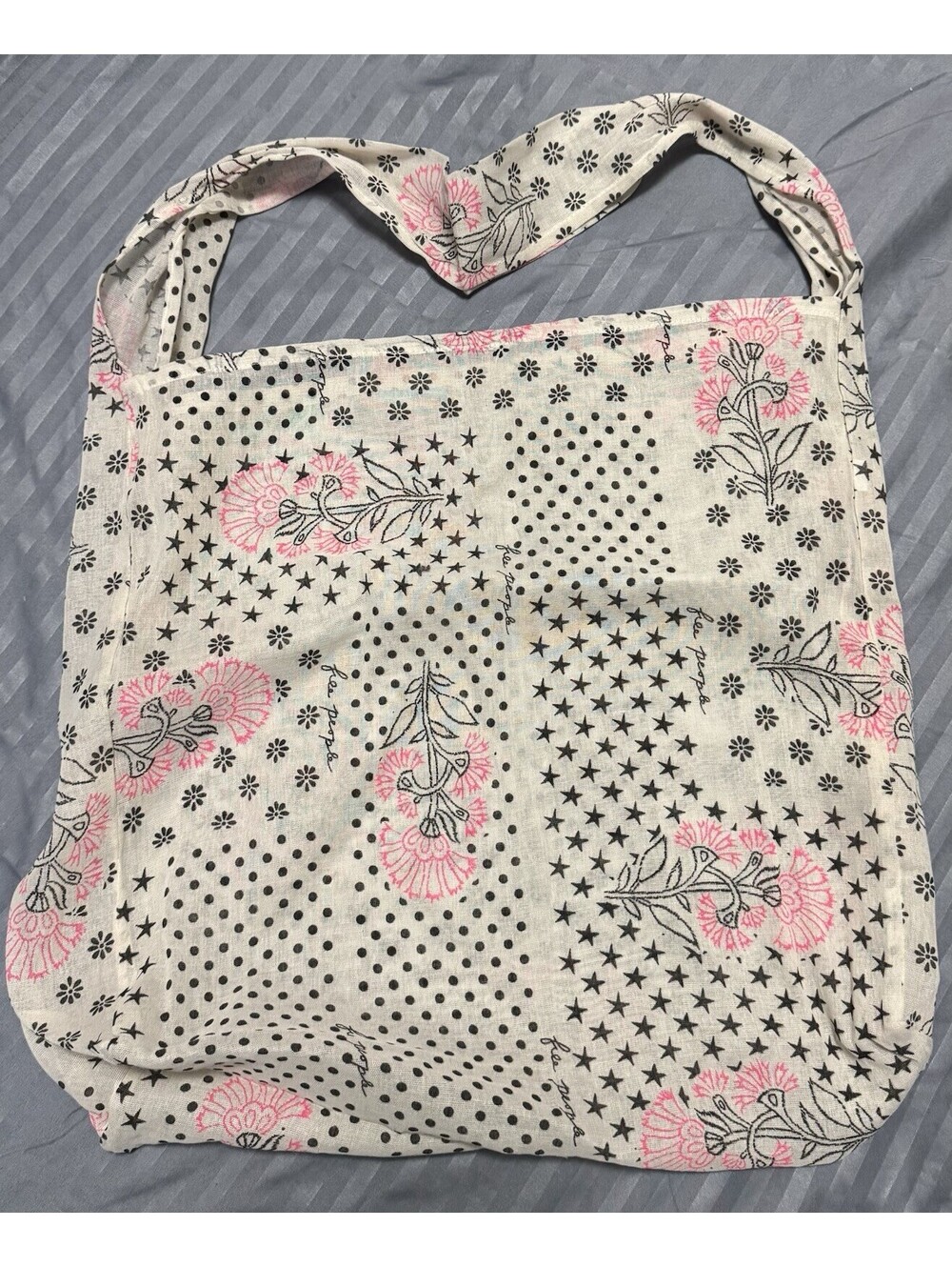 Free People Floral Star Polka Dot Boho Shoulder Tote Bag Pink Black Cream